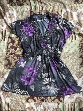 Dark Floral black and purple Hamilton Y2K babydoll top - romantic aesthetic M/L